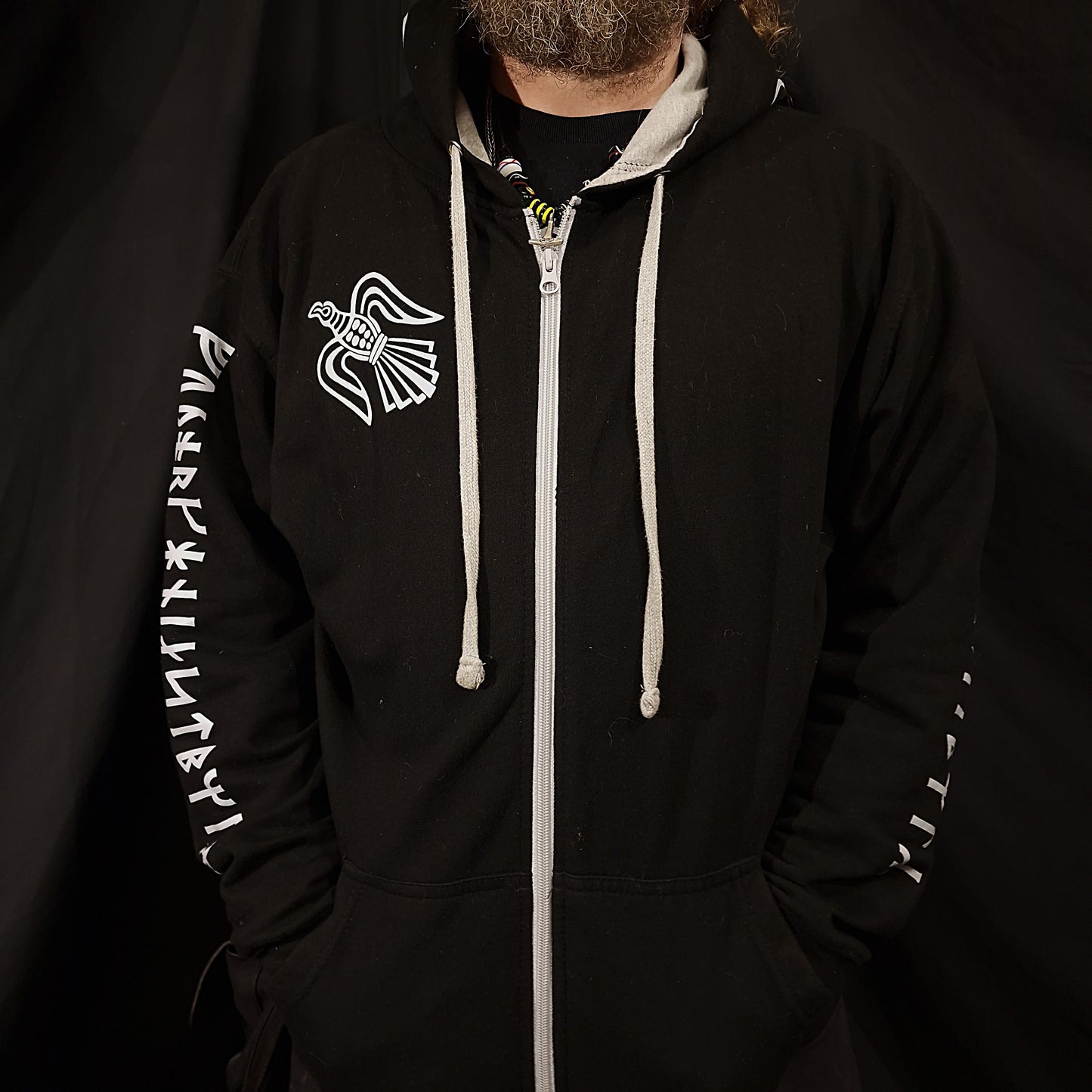 Odin Zip Up Hoodie - Grey print on Black