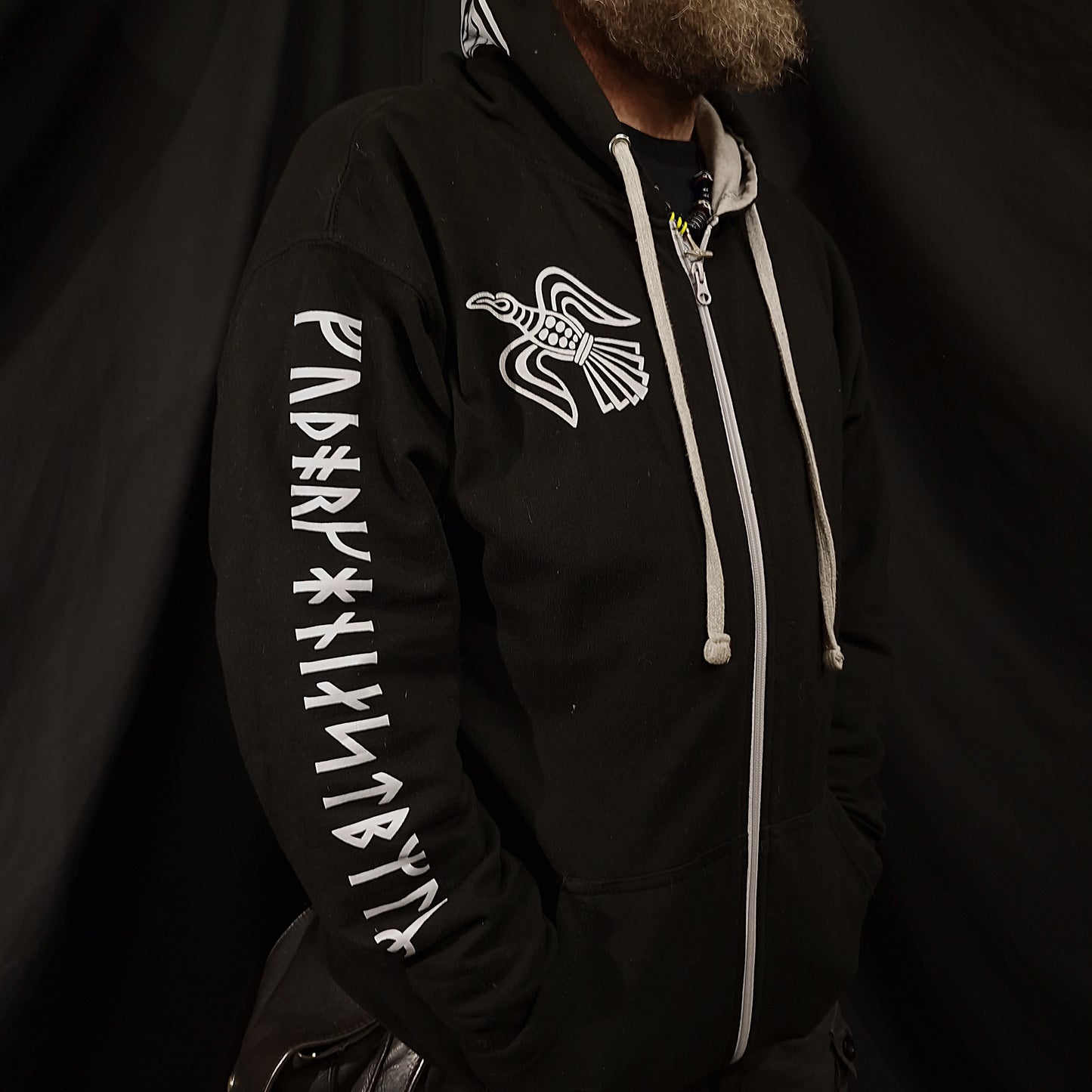 Odin Zip Up Hoodie - Grey print on Black