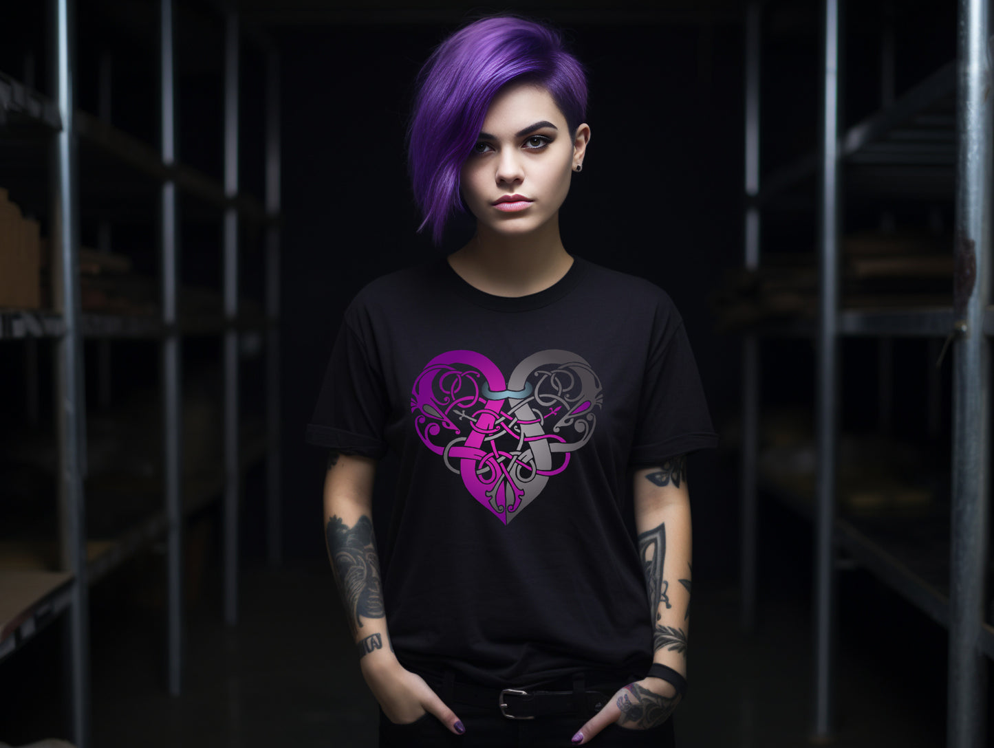 Fitted Black T- shirt - Viking Heart Purple & Grey