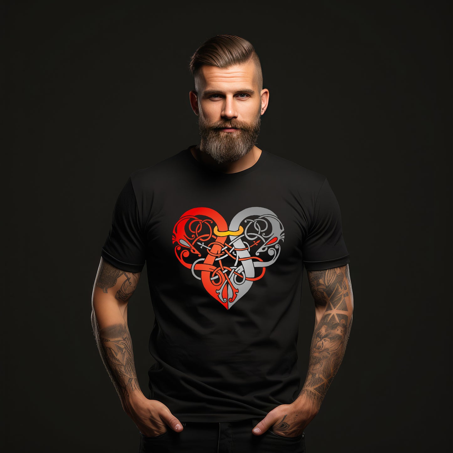 Viking Heart Red & Grey Unisex Black T-shirt