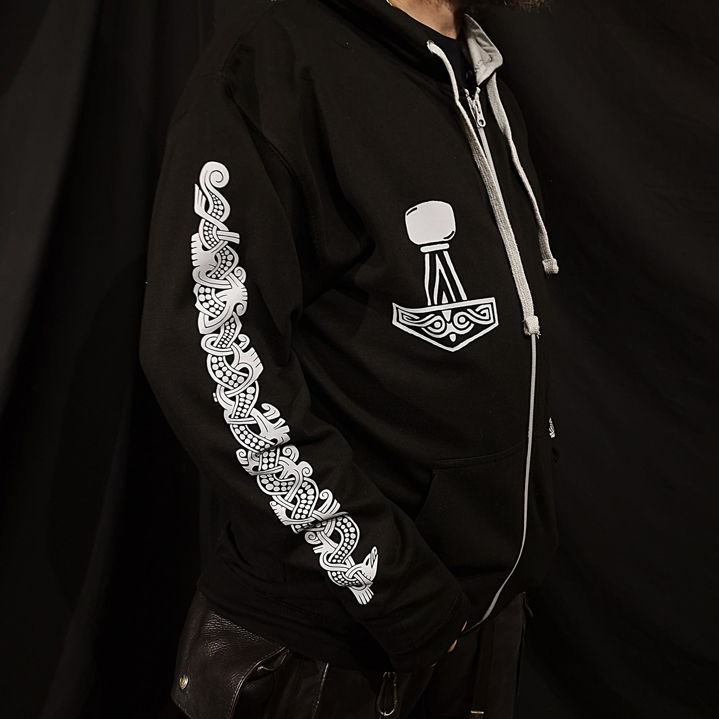 Thor Zip Up Hoodie - Grey print on Black