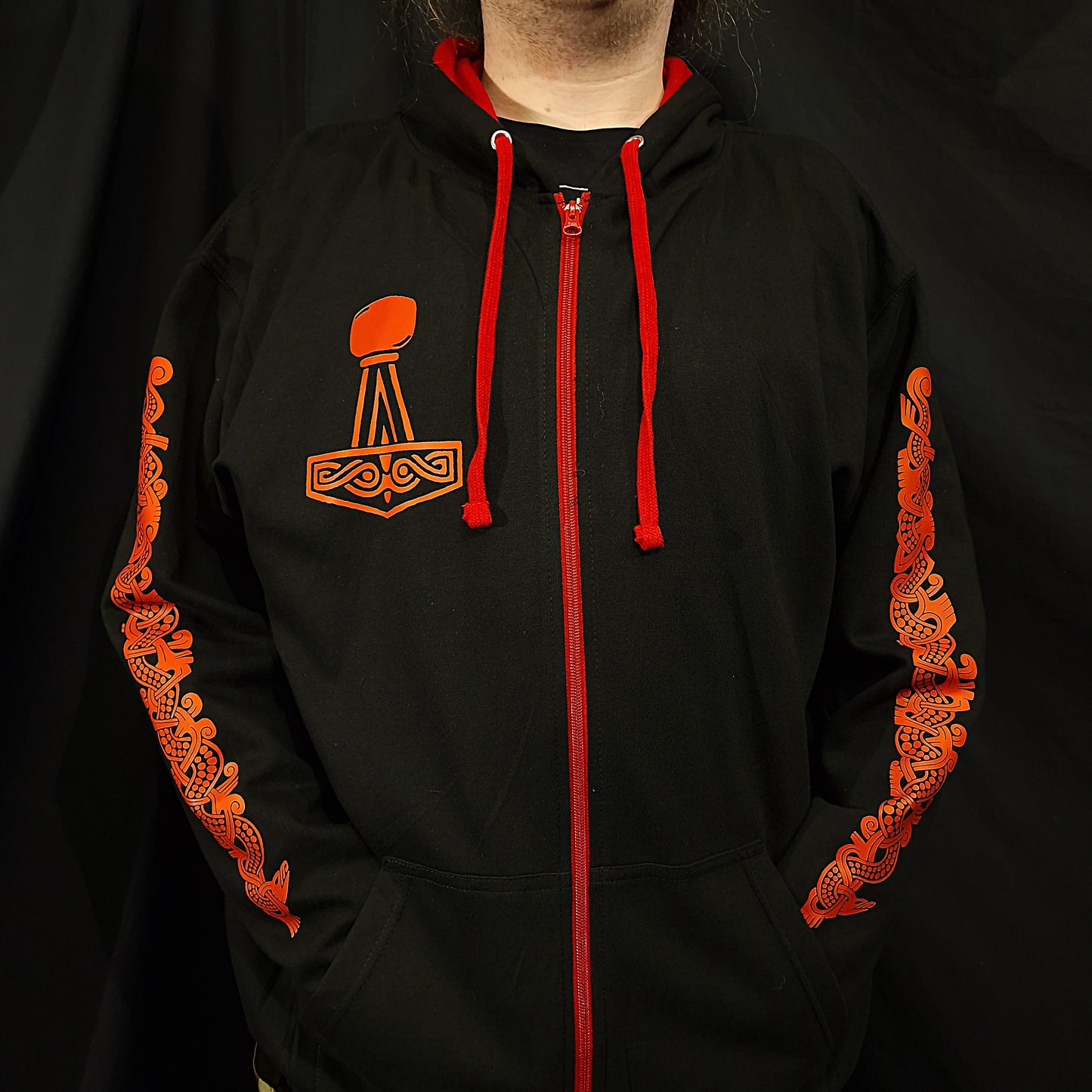 Thor Zip Up Hoodie - Red print on Black