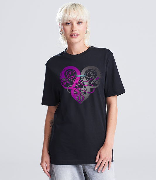Viking Heart Purple & Grey Unisex Black T-shirt