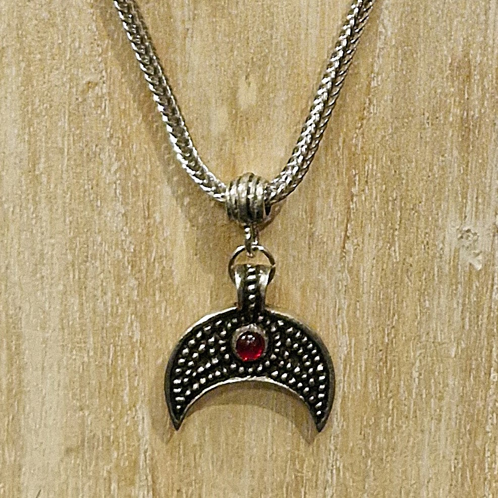Lunular with Red Stone on Etruscan Chain