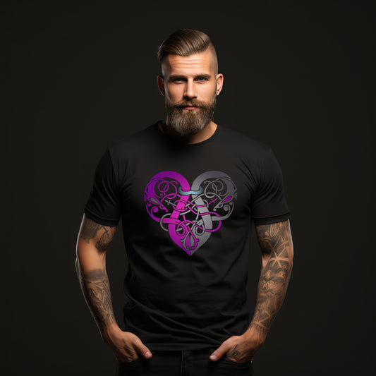 Viking Heart Purple & Grey Unisex Black T-shirt
