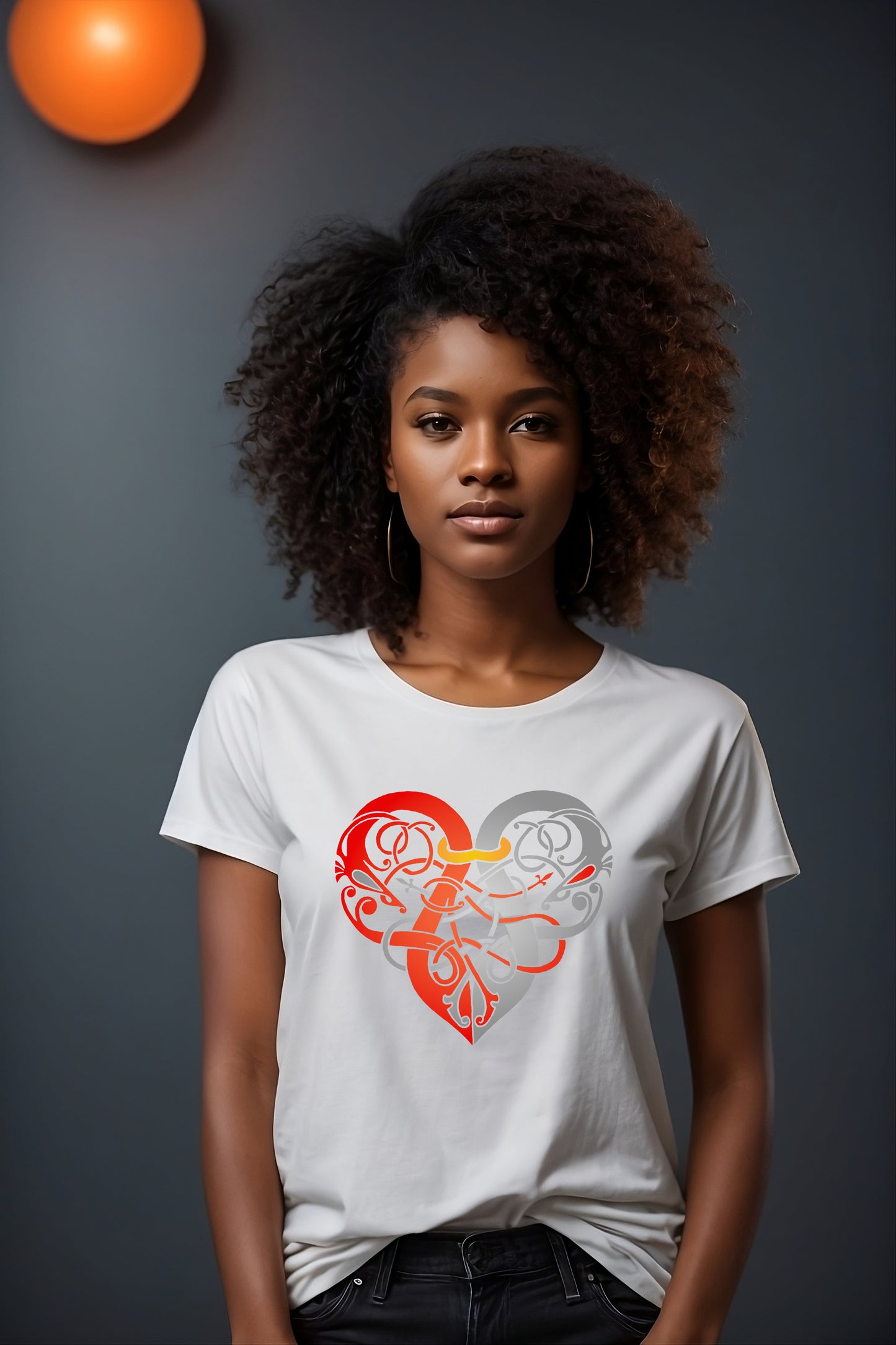Fitted White T- shirt - Viking Heart Red & Grey