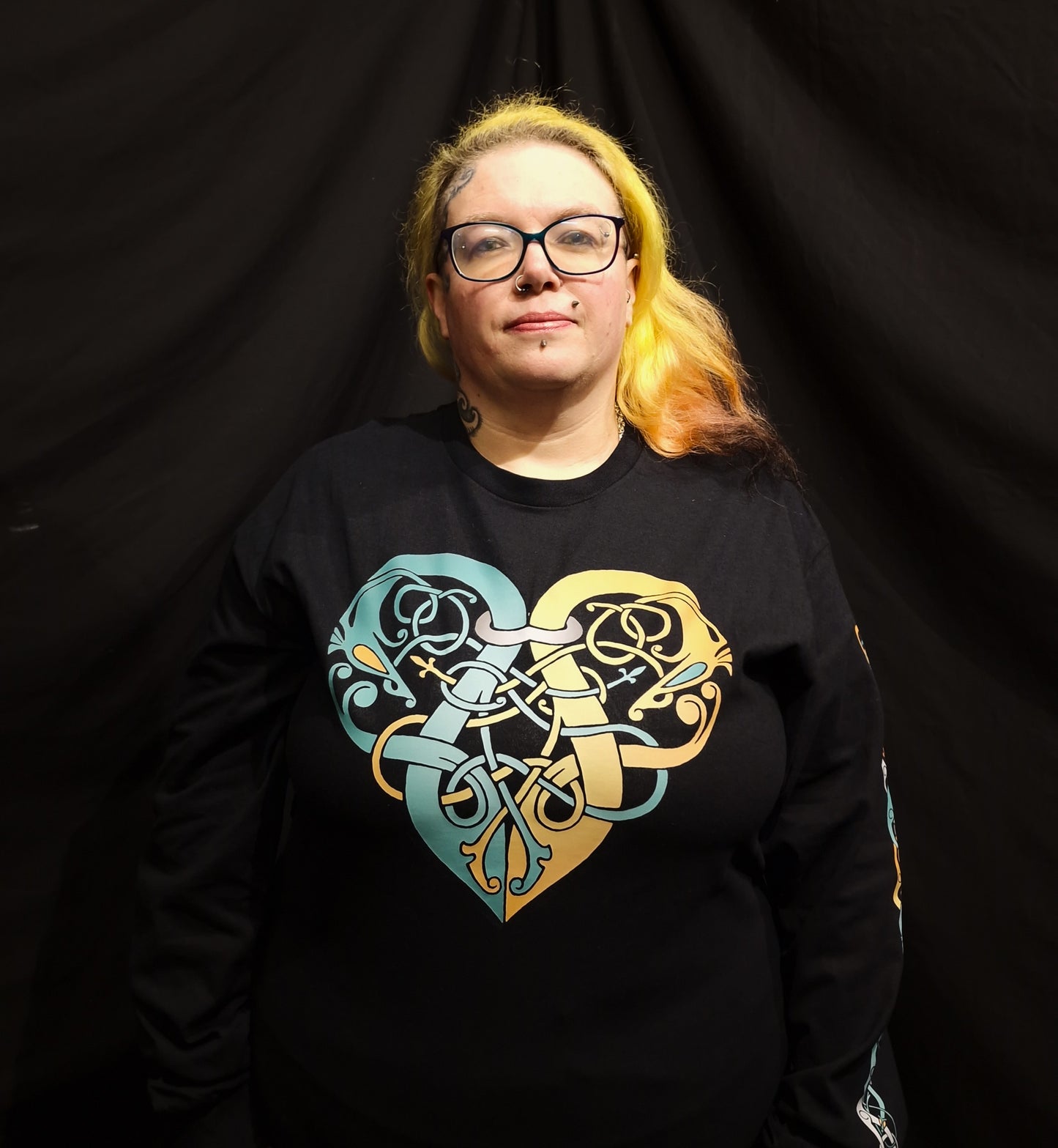 Viking Heart Turquoise & Yellow Unisex Black Long Sleeve T-shirt