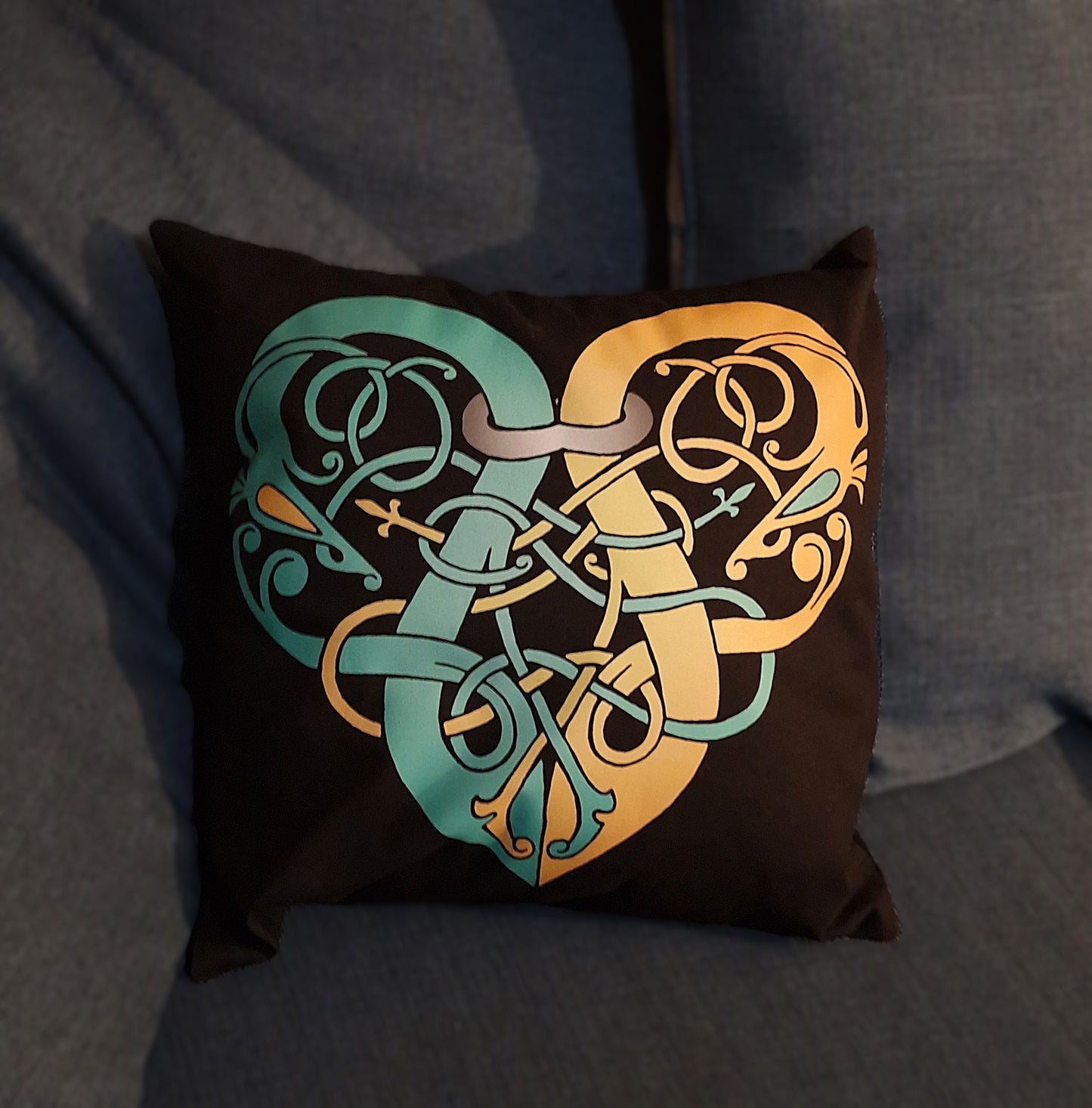 Turquoise & Yellow Viking Heart Cushion